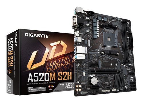 GIGABYTE A520M S2H, AMD, Socket AM4, AMD Ryzen 3000 Series, Socket AM4, 64 GB, DDR4-SDRAM